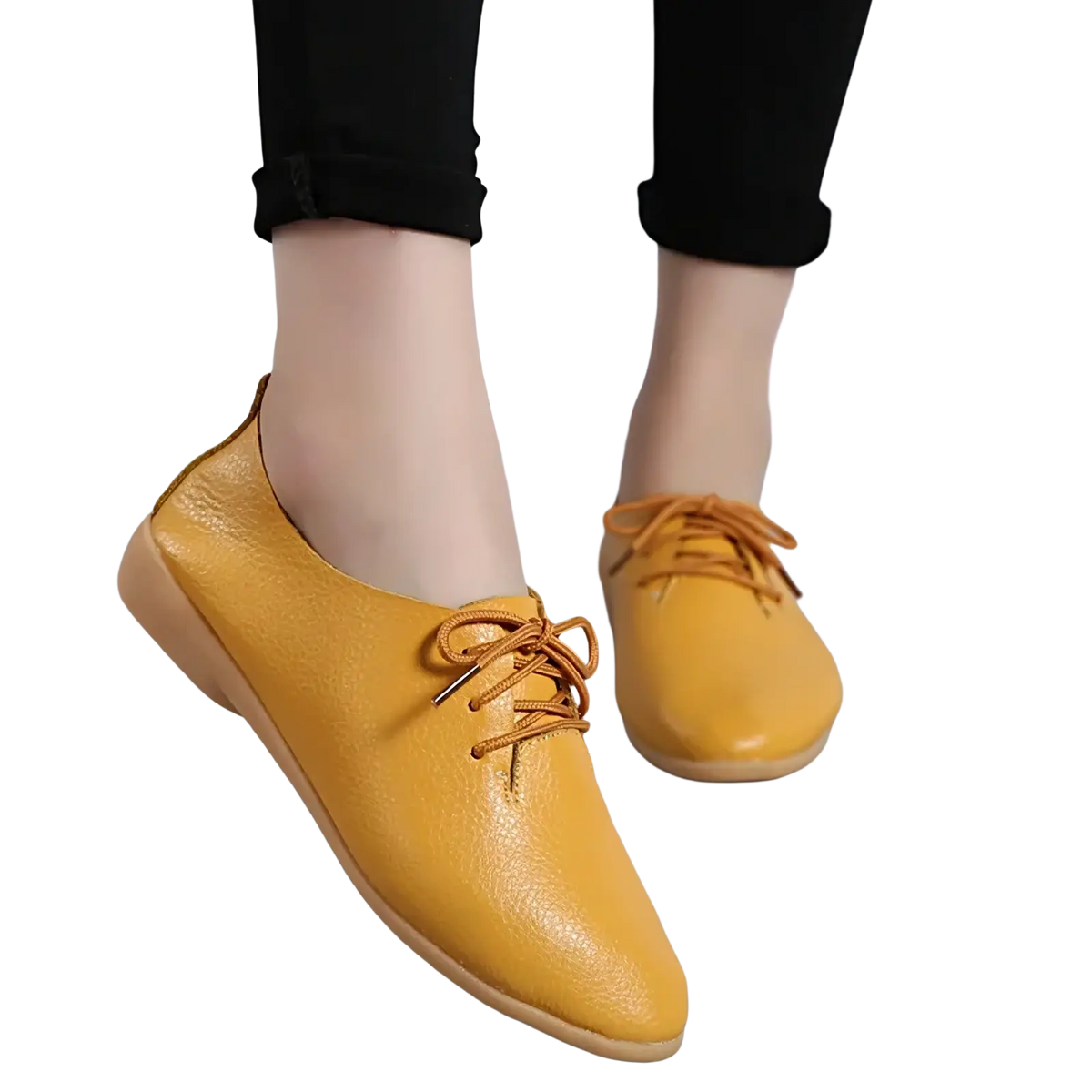 Genuine leather yellow lace-up women flats with soft rounded toe and matching laces