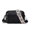 Genuine leather quilted black crossbody bag with floral-patterned strap silver hardware and tassel details leather handbags
