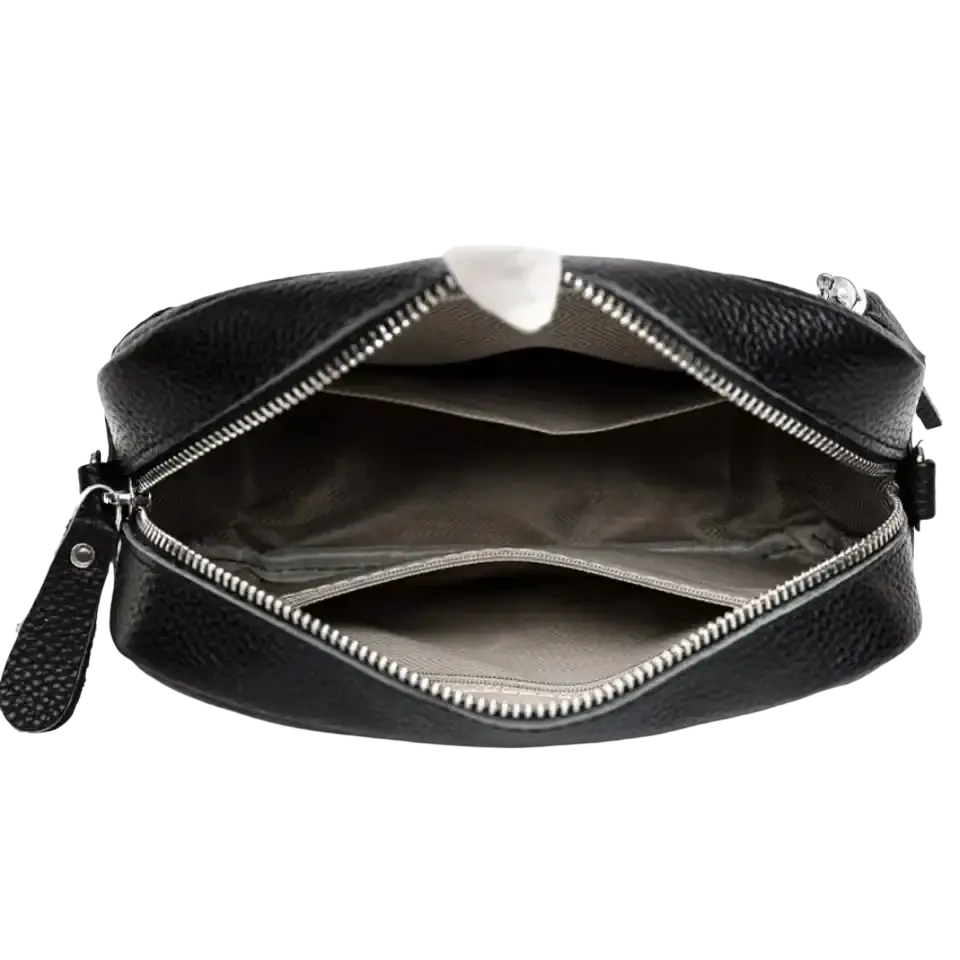 Black genuine leather quilted crossbody bag with textured surface and silver zipper leather handbags accessory