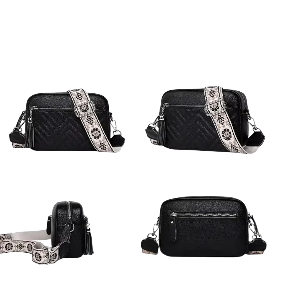 Black genuine leather crossbody bag with quilted texture and floral-patterned strap for stylish leather handbags
