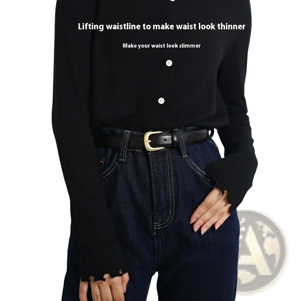 Black button-up long-sleeve top with distressed cuffs paired with genuine leather reversible belt for women
