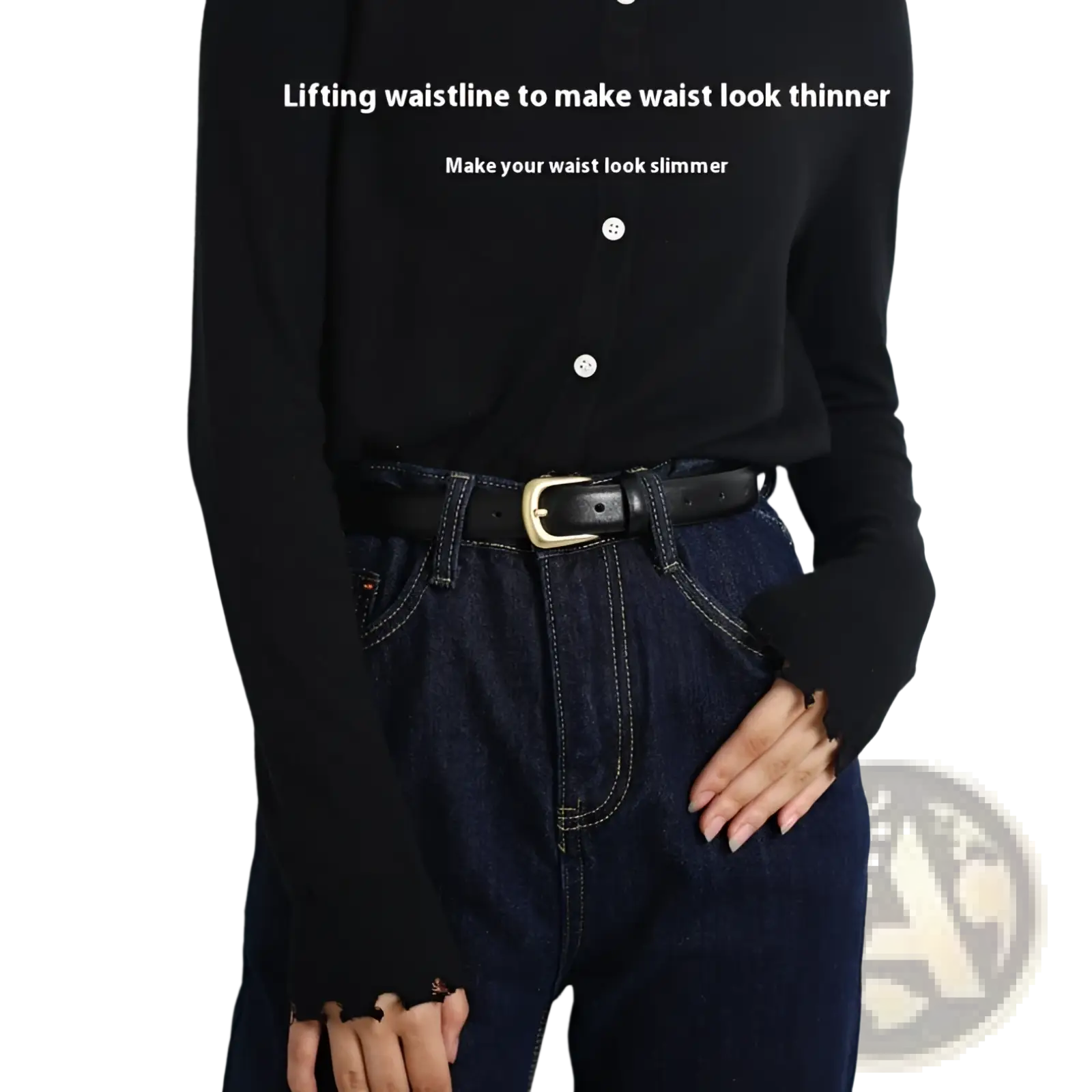 Black button-up long-sleeve top with distressed cuffs paired with genuine leather reversible belt for women