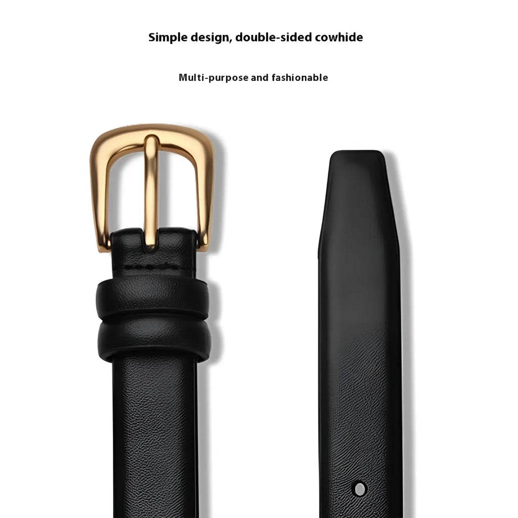 Black double-sided genuine leather reversible belt for women with gold-toned buckle displayed on front side