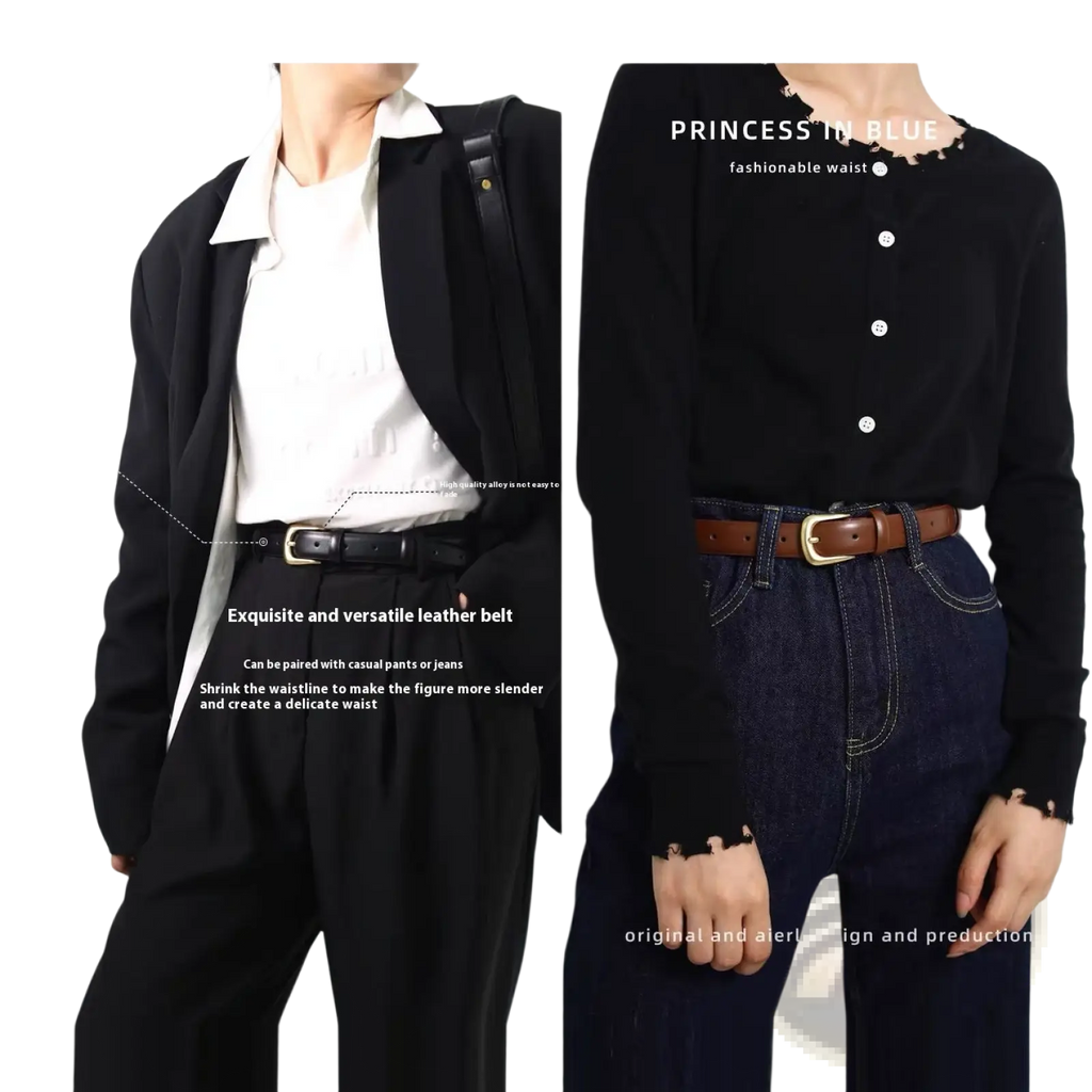 Black genuine leather reversible belt for women with gold toned buckle and stitched detailing