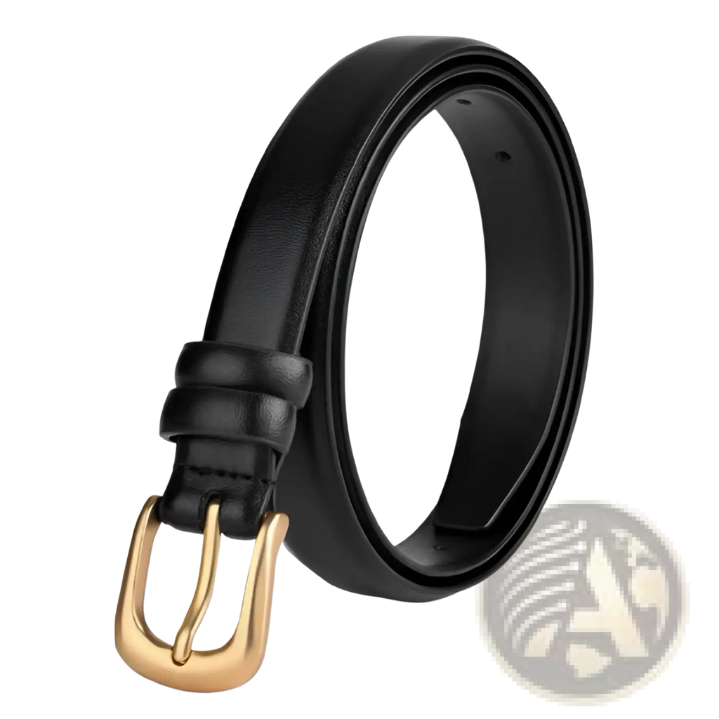 Black leather reversible belt for women with a gold toned buckle showcasing genuine leather material