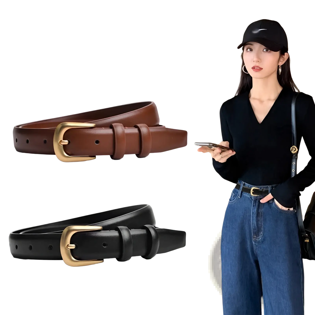 Genuine leather reversible belt for women in brown and black with gold-tone buckles displayed side by side
