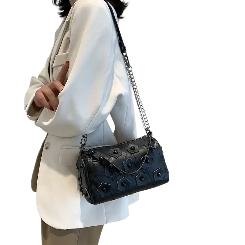 Genuine leather black shoulder bag with hexagonal embellishments chain strap and phone pocket for convenient use