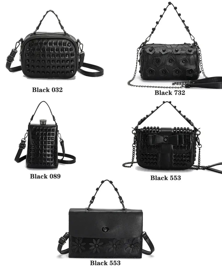 Genuine leather shoulder bags in black with studded and floral embellishments and a phone pocket with chain straps
