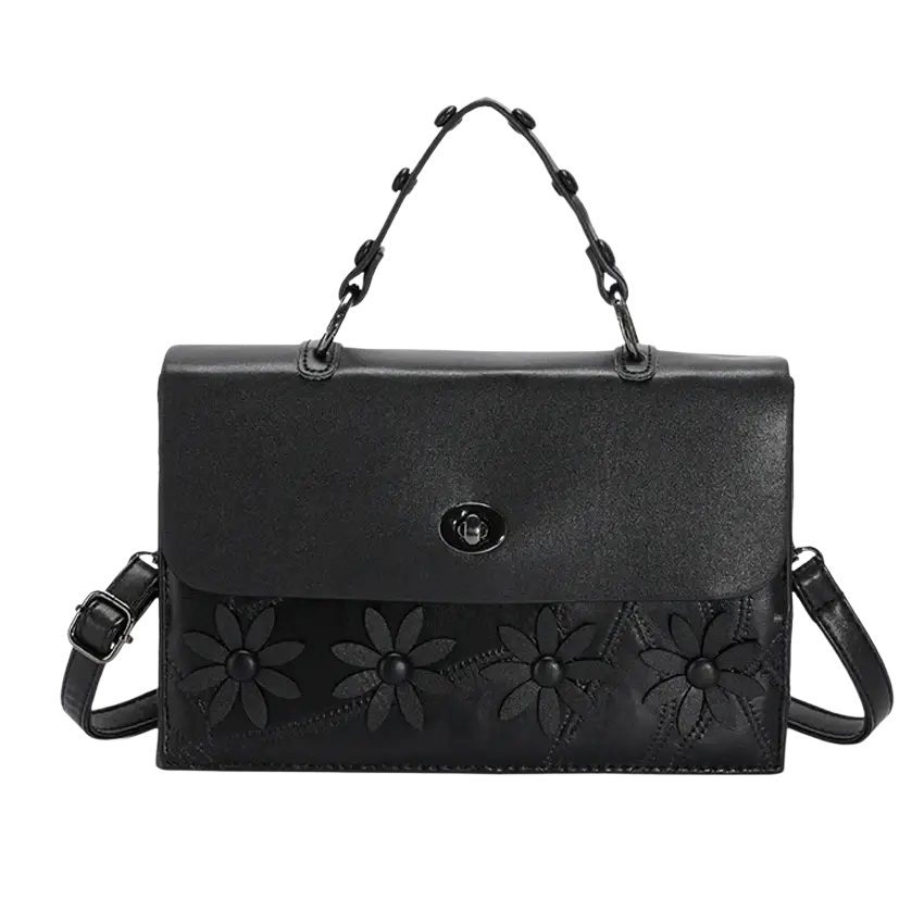 Black genuine leather shoulder bag with embossed flower design chain handle and phone pocket for convenience