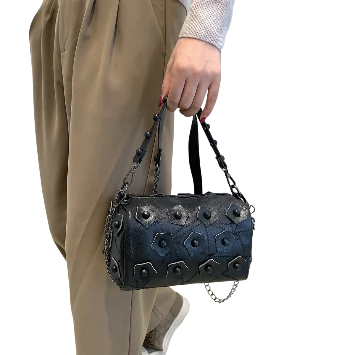 Black genuine leather shoulder bag with hexagonal metal studs chain straps and phone pocket for easy access