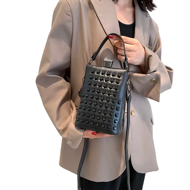 Black genuine leather shoulder bag with studs phone pocket top handle and detachable shoulder strap mini handbag