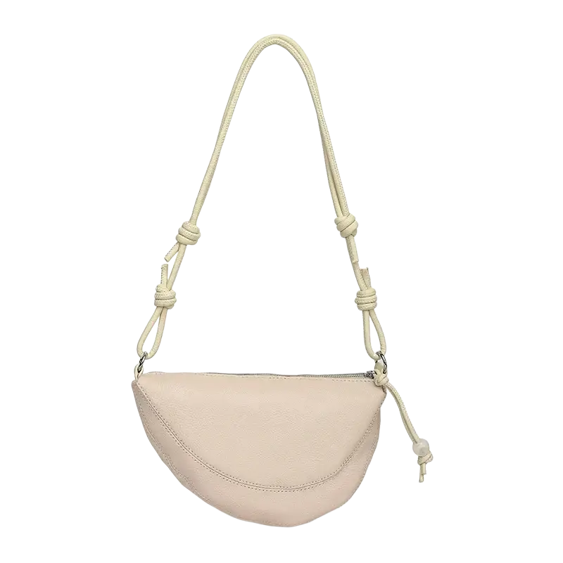 Beige genuine leather crescent crossbody shoulder bag with knotted strap and pearl accent for stylish use