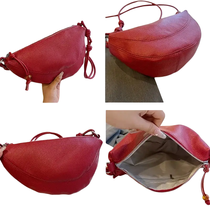 Genuine leather red crescent crossbody bag with braided straps and zipper closure stylish shoulder bag