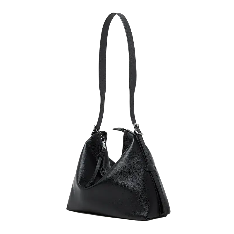 Genuine leather black shoulder bag for women with a sleek minimalist design and silver-toned shoulder strap hardware