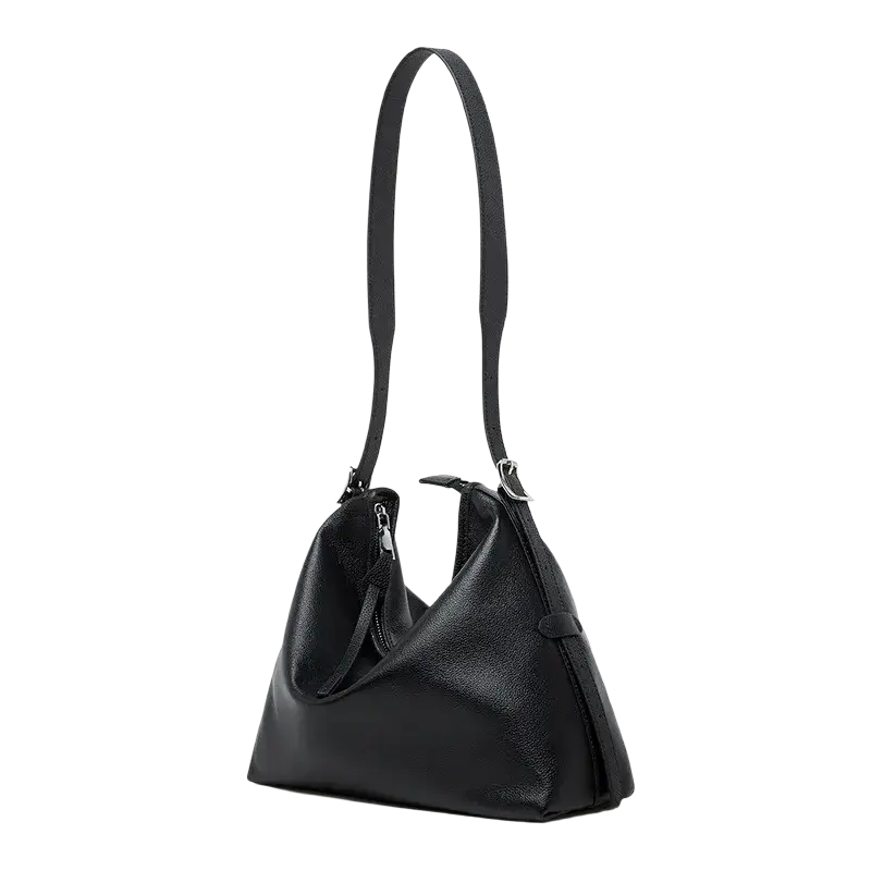 Genuine leather black shoulder bag for women with a minimalist design and silver-toned hardware shoulder strap