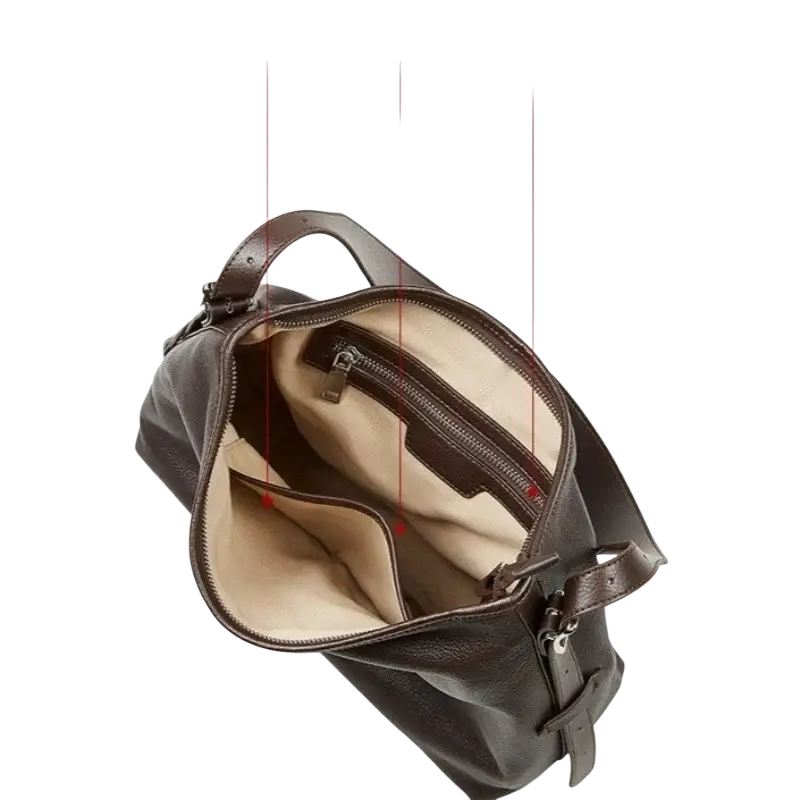 Brown genuine leather shoulder bag for women with beige interior, multiple compartments, phone bag, and zipper pocket