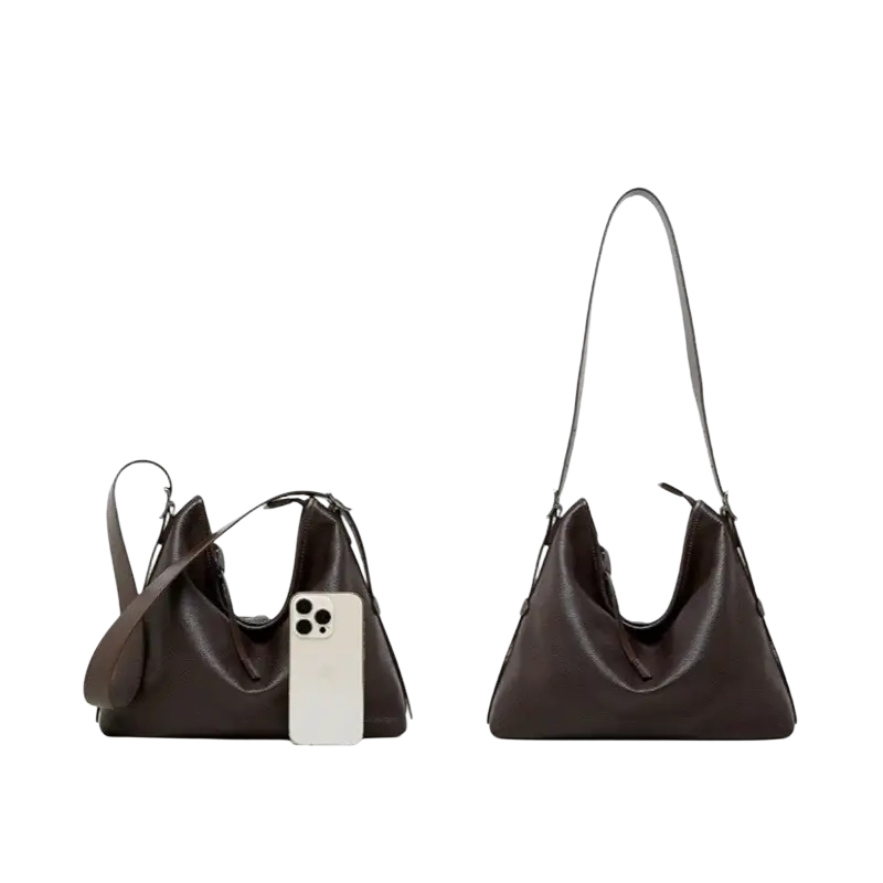 Genuine leather dark brown shoulder bag for women with slouchy minimalist design and adjustable shoulder strap tote bag