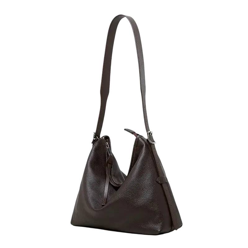 Dark brown genuine leather shoulder bag for women with textured surface and adjustable shoulder strap