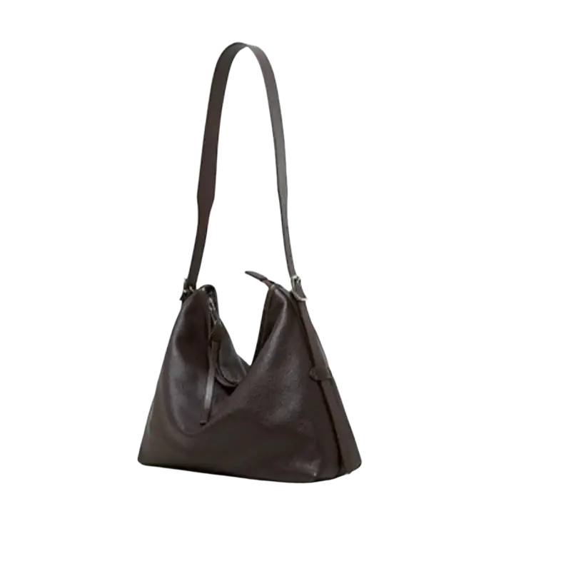 Dark brown genuine leather shoulder bag for women with adjustable shoulder strap and slanted top tote bag design
