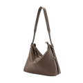 A sleek taupe genuine leather shoulder bag for women with a single shoulder strap and minimalist metal hardware