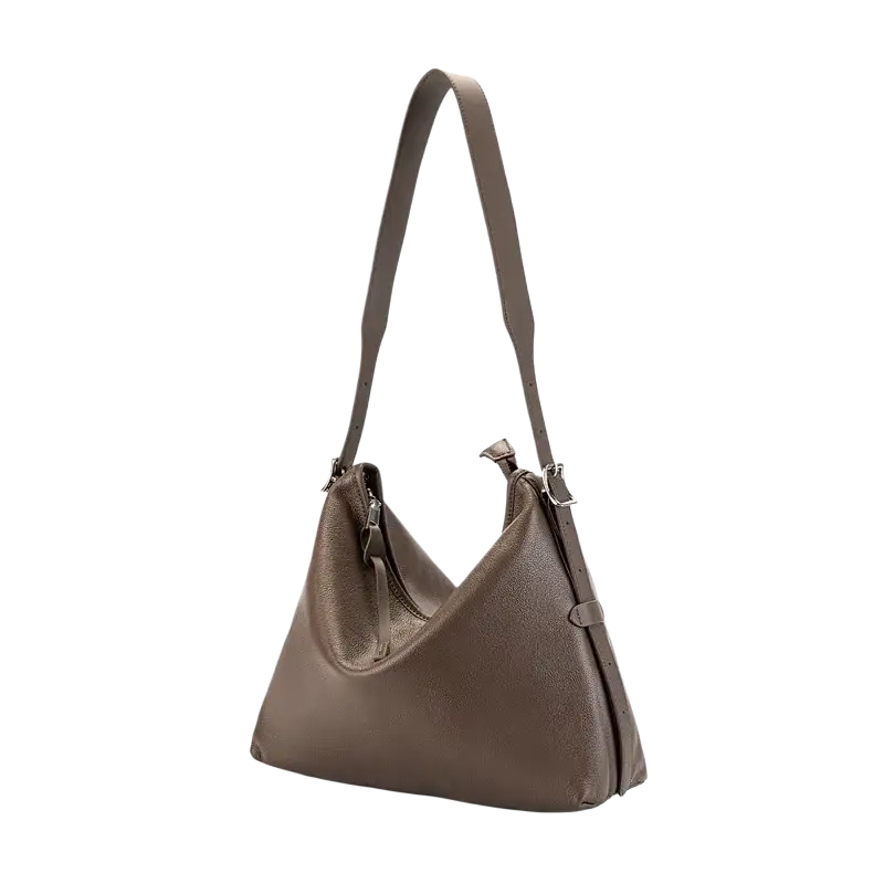 A sleek taupe genuine leather shoulder bag for women with a single shoulder strap and minimalist metal hardware