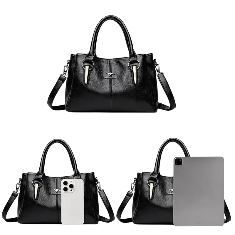 Black genuine leather tote bag with silver hardware and kangaroo logo featuring a pocket interior for organization