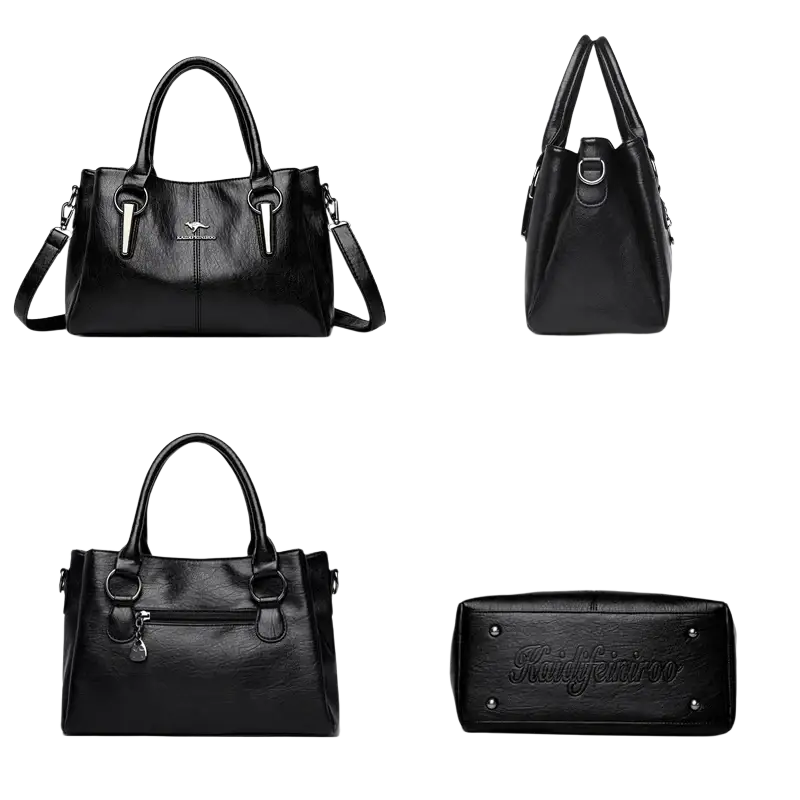 Black leather genuine leather tote bag with silver hardware pocket interior and kangaroo logo on front