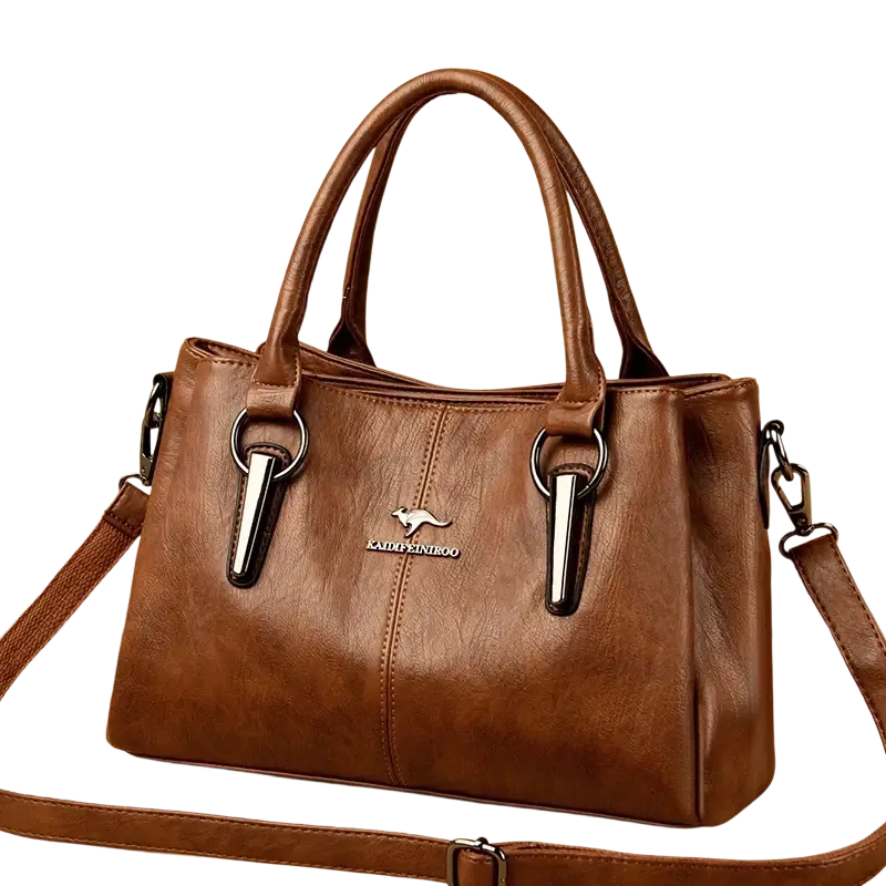 Genuine leather brown tote bag with pocket interior and silver-tone accents featuring a kangaroo logo