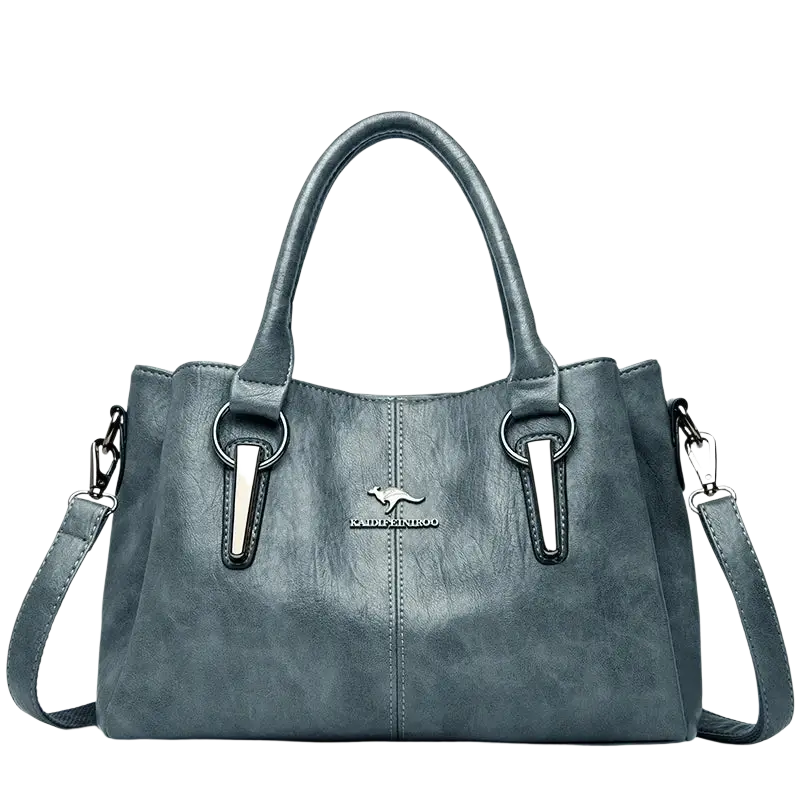 Gray genuine leather tote bag with pocket interior silver-tone metal accents and kangaroo logo emblem