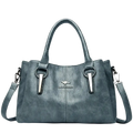 Gray genuine leather tote bag with pocket interior silver-tone metal accents and kangaroo logo emblem