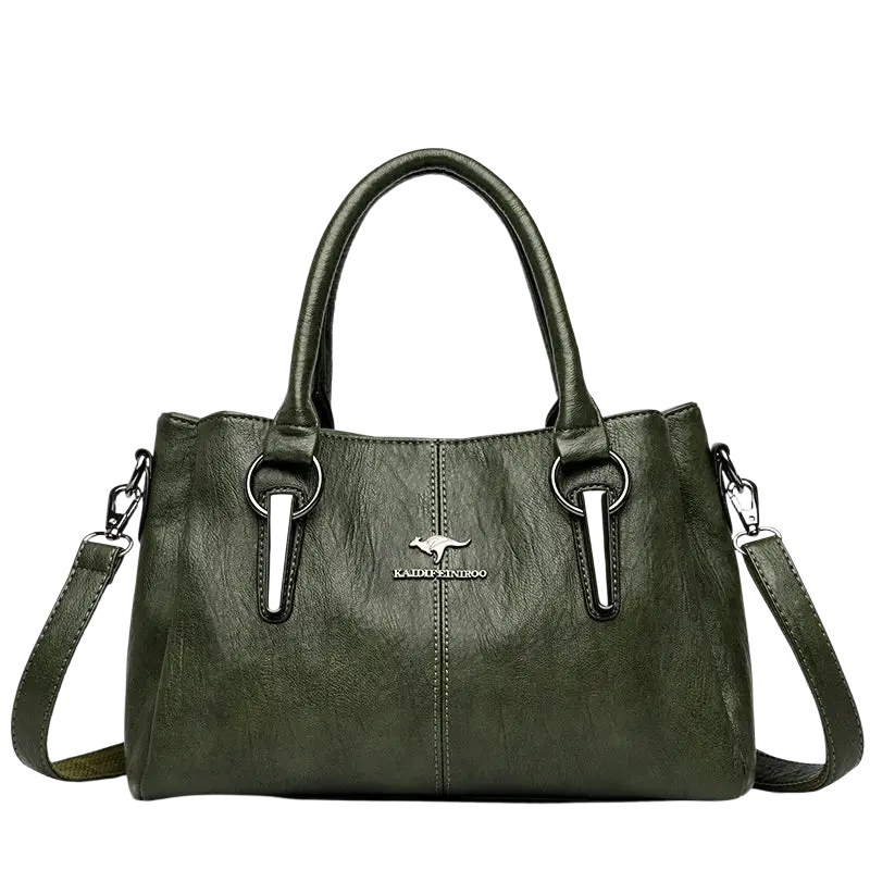 Olive green genuine leather tote bag with pocket interior and silver-tone metal accents featuring kangaroo logo emblem