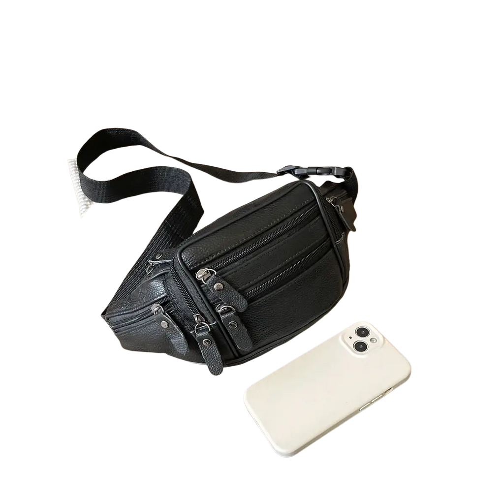 Genuine leather black waist bag with multiple zippers and adjustable strap for versatile crossbody use