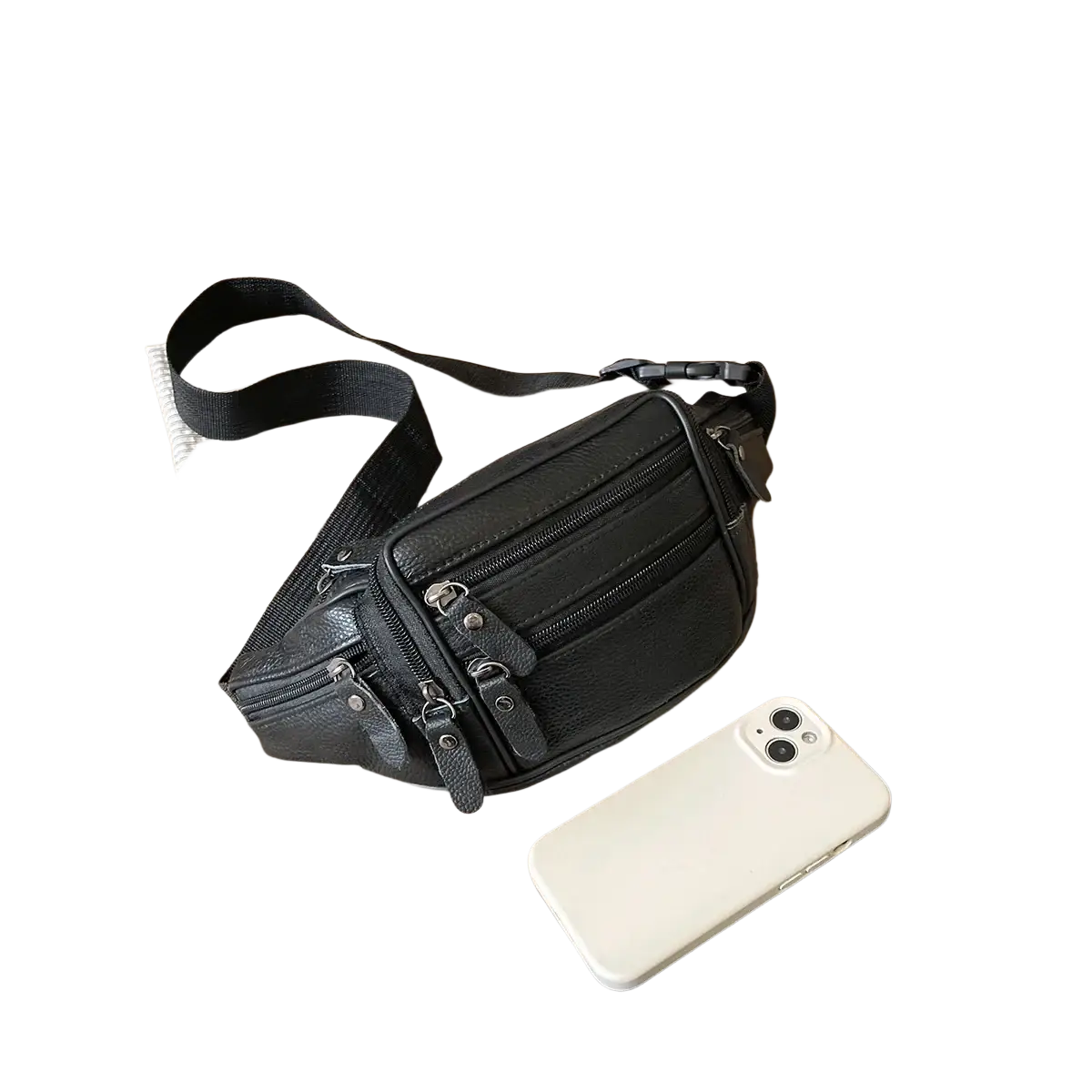 Genuine leather black waist bag with multiple zippers and adjustable strap for versatile crossbody use