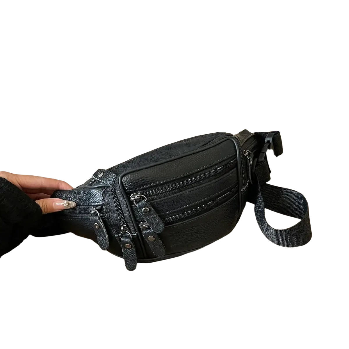 Black genuine leather waist bag with multiple zippers and adjustable strap for crossbody or fanny pack use