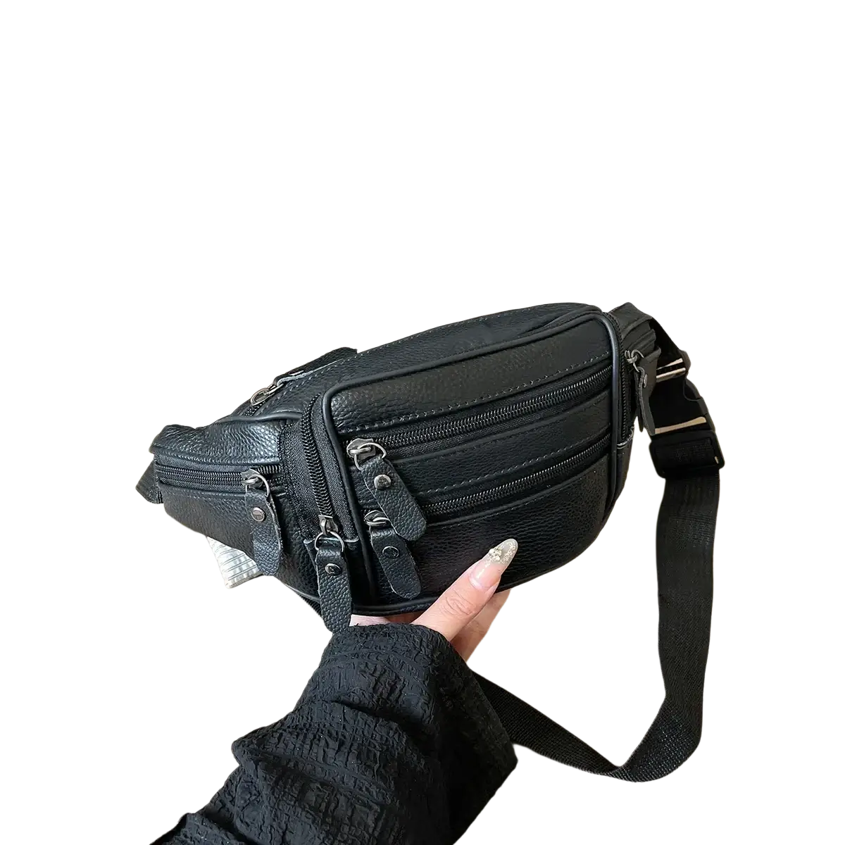 Black genuine leather waist bag with multiple zippers and adjustable strap for versatile crossbody use
