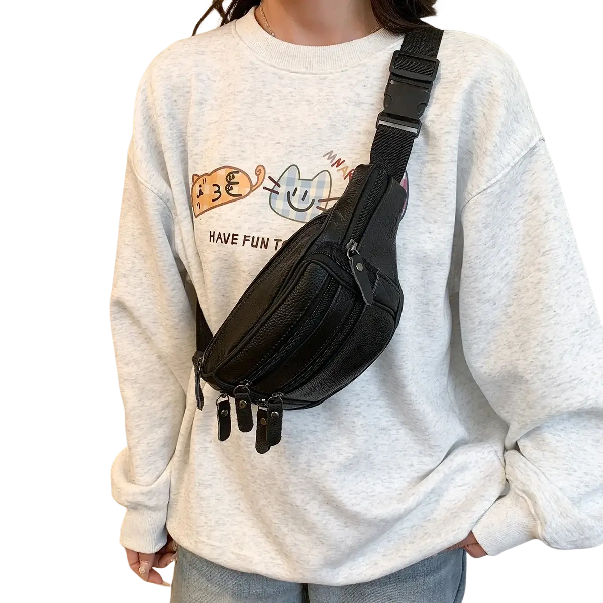 Genuine leather black waist bag with multiple zippered compartments and adjustable strap for crossbody use