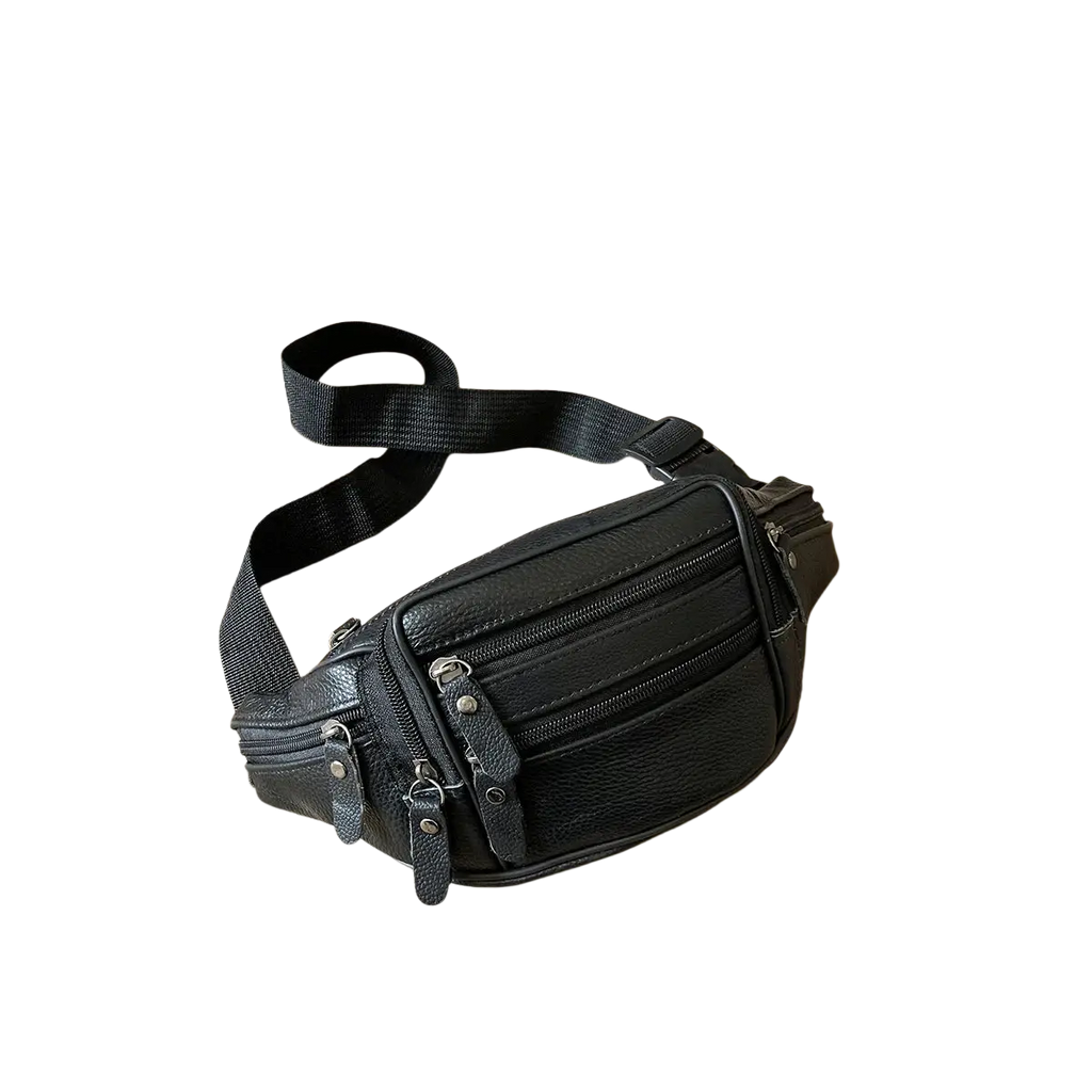 Black textured genuine leather waist bag with multiple zippered compartments and adjustable sturdy strap