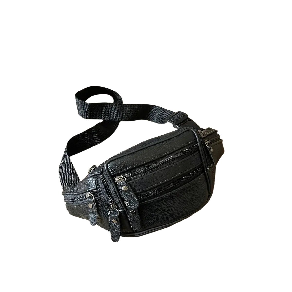 Black textured genuine leather waist bag with multiple zippered compartments and adjustable sturdy strap