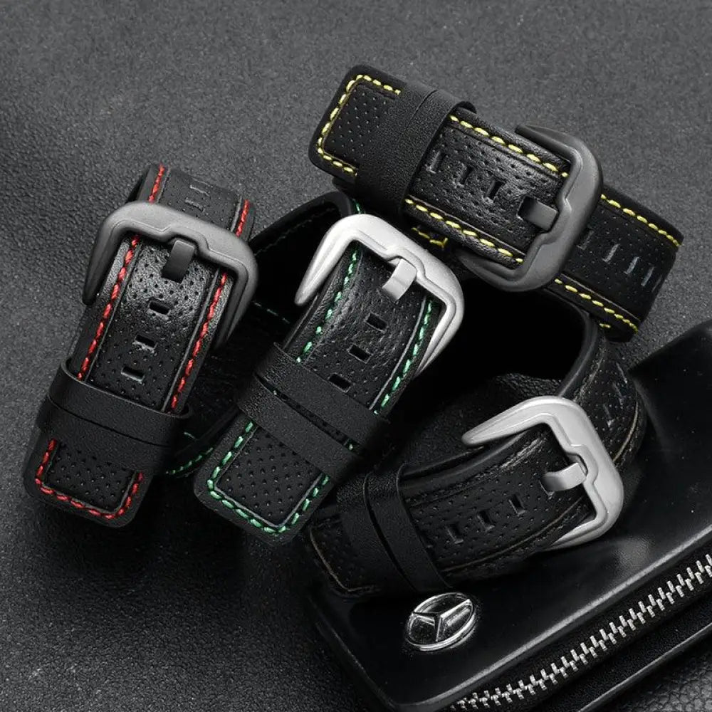 Men’s waterproof perforated black leather watch straps with green red and yellow stitching and silver metal buckles