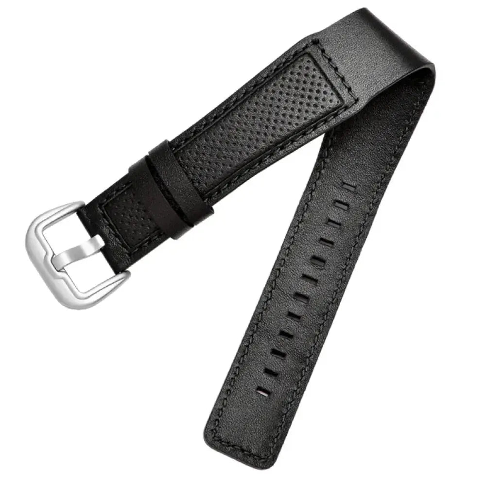 Black leather men’s watch strap with perforated texture green stitching and silver-toned buckle for waterproof use