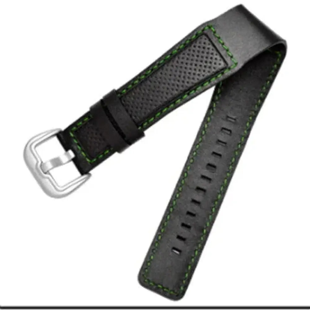Men’s waterproof perforated black leather watch strap with green stitching and silver-toned buckle visible from back side