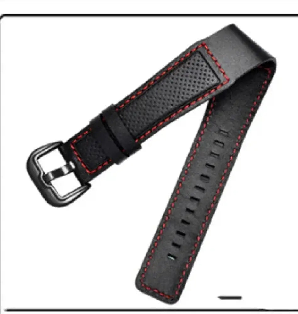 Black leather men’s perforated watch strap with red stitching and black metal buckle for waterproof use