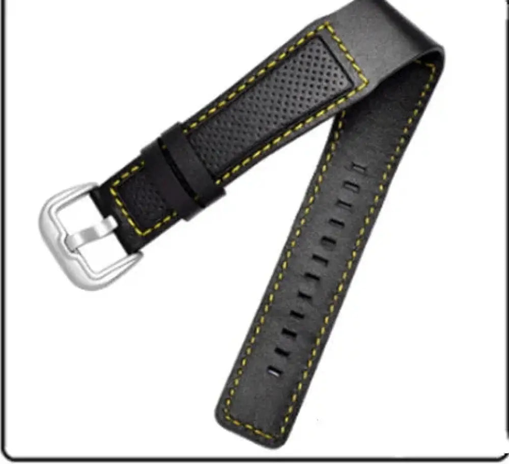 Men’s perforated black leather watch strap with yellow stitching and silver buckle, suitable for waterproof use