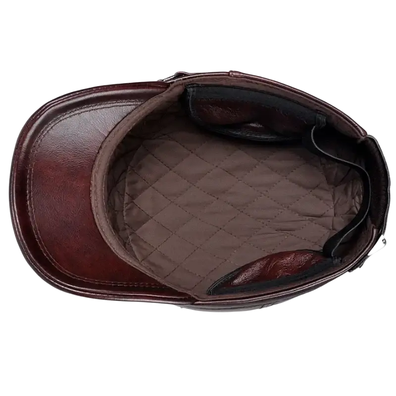 Genuine leather winter flat cap for men in burgundy with quilted brown interior lining