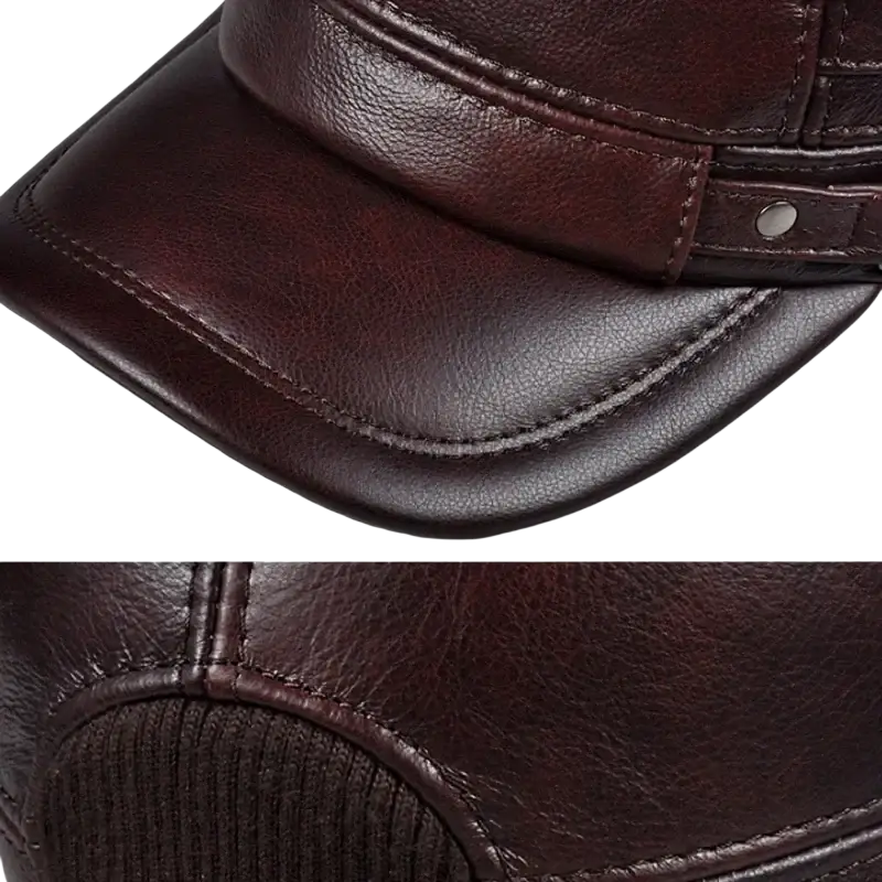 Dark brown genuine leather winter flat cap for men with stitched detailing and fabric lining visible from the back side