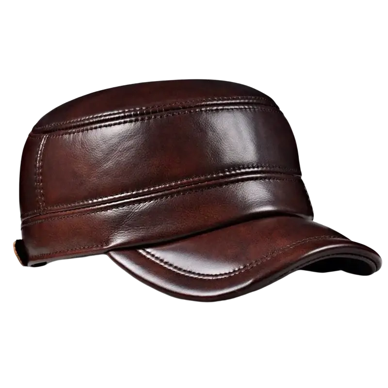 Genuine leather winter flat cap for men in rich brown with structured curved brim and visible panel stitching