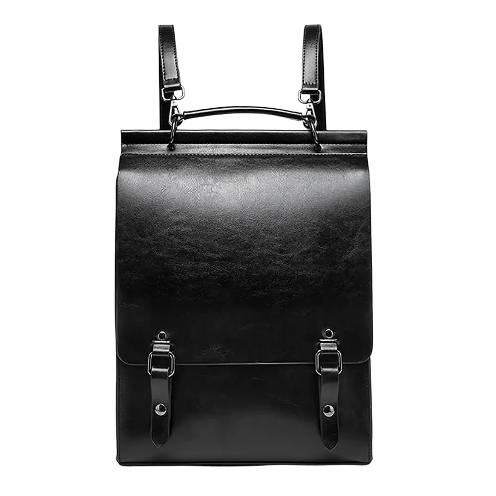 Genuine leather black leather backpack with vintage design, two front buckles, adjustable straps for bag book use