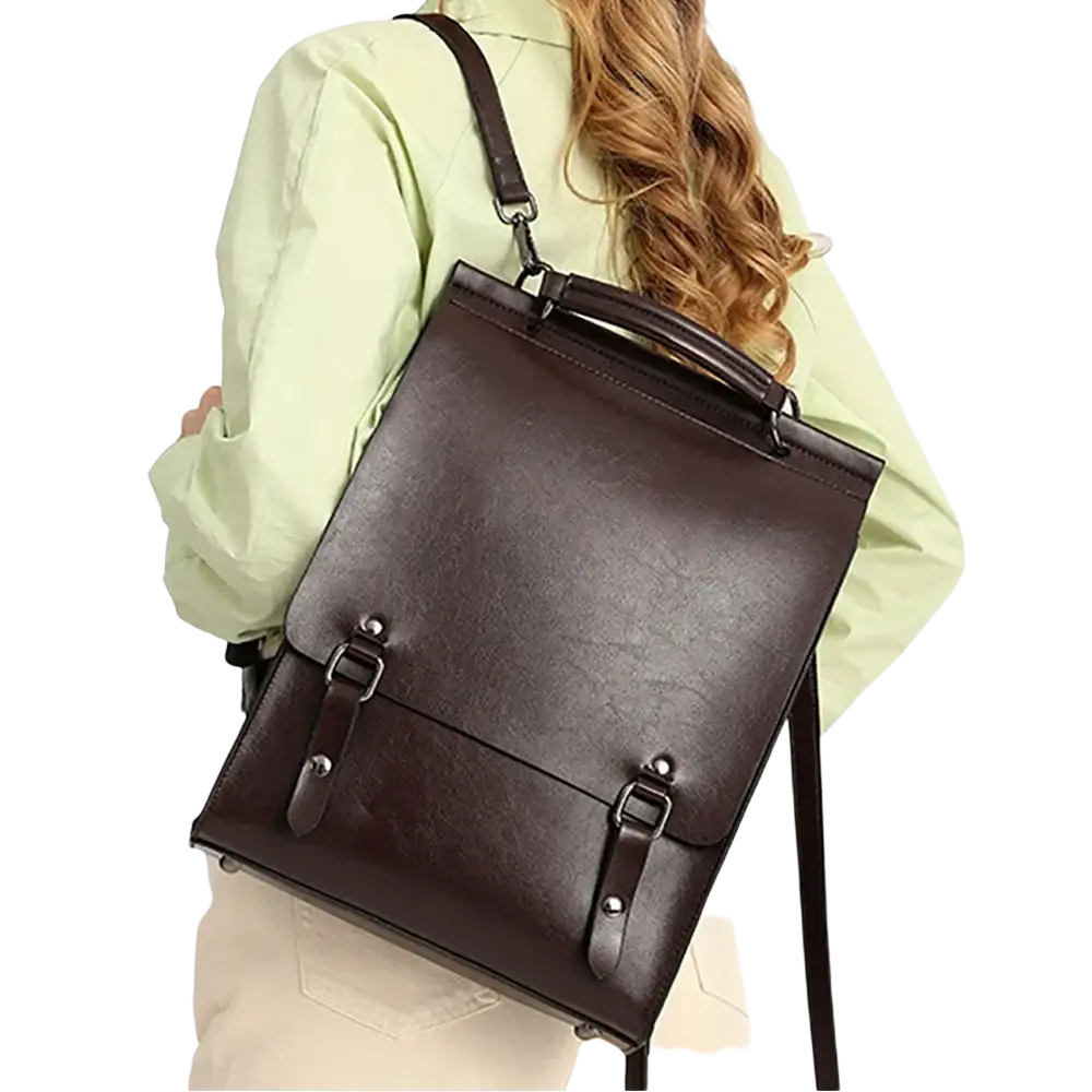 Brown genuine leather women backpack tan daypack bag book with top handle and dual front buckles