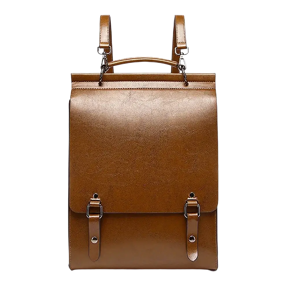Brown genuine leather women backpack tan daypack bag book with top handle and dual front buckles
