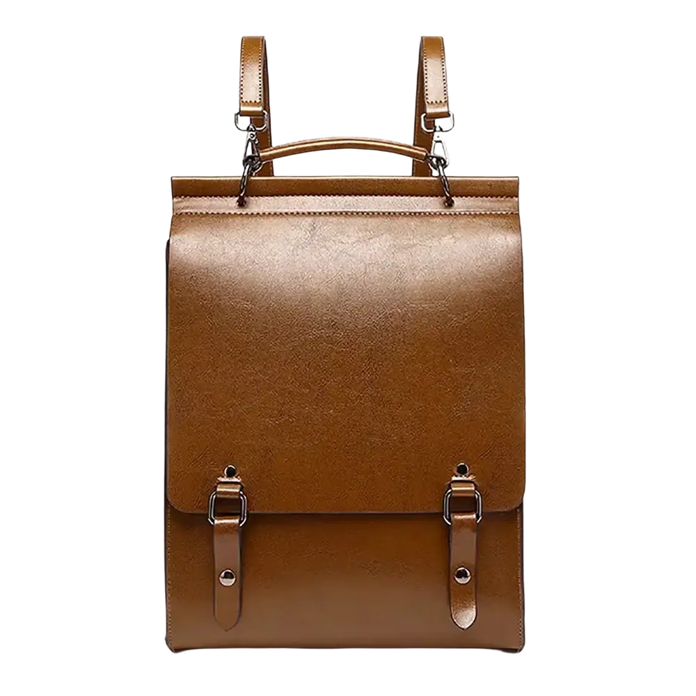 Tan genuine leather women backpack with silver buckles and straps for bag book and daypack use